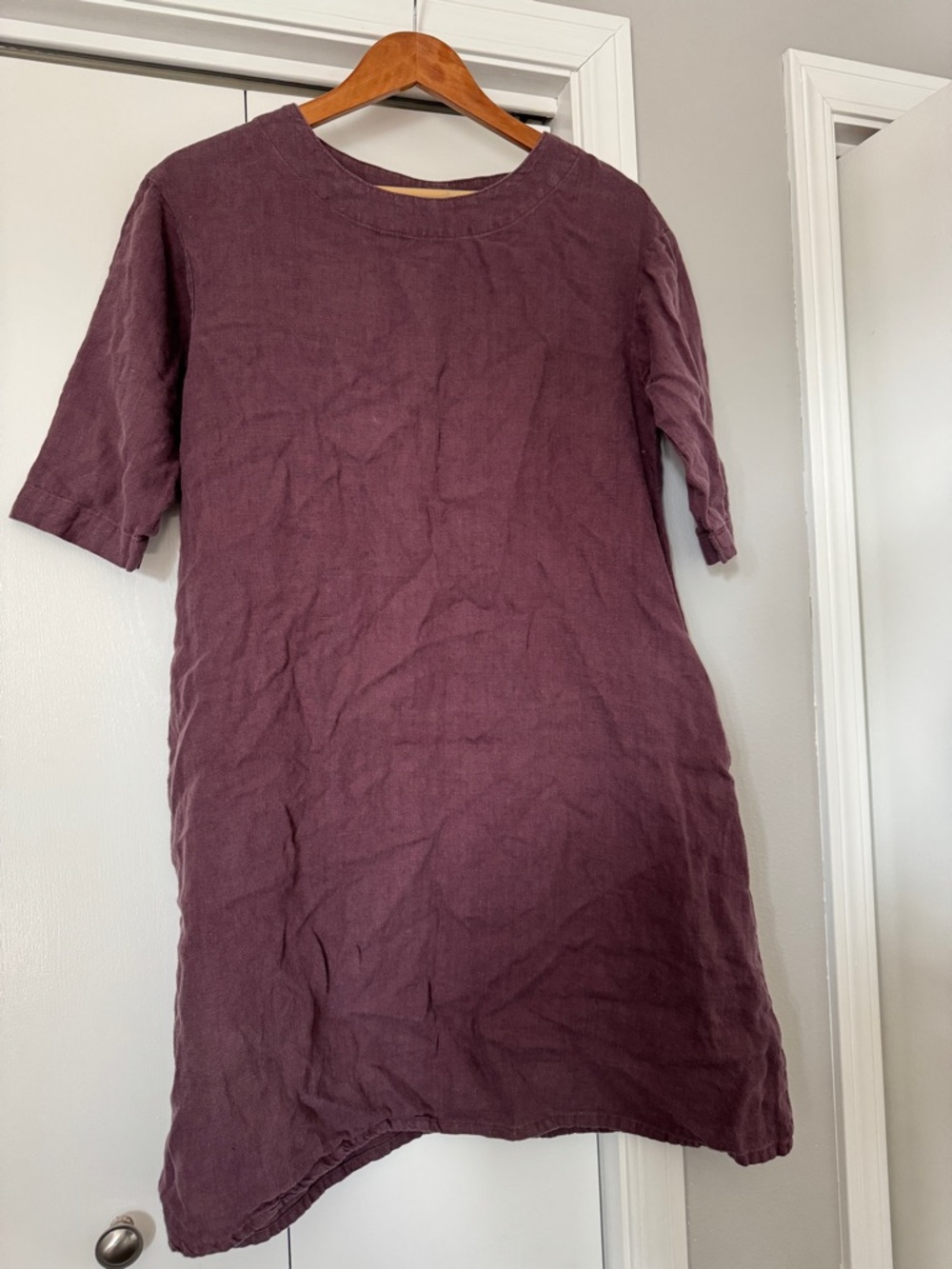 Knock Knock 100% Linen Boxy Shift Dress Tunic Pockets Eggplant Plum Lagenlook